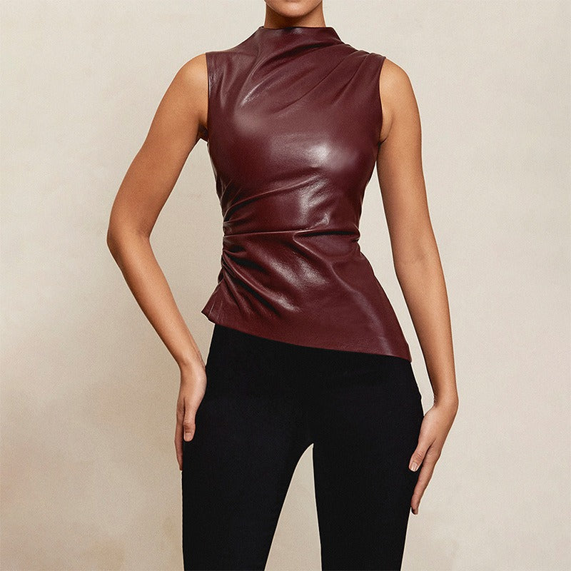 13072430 European and American style women's leather pile collar personalized waist slanted sleeveless top women's vest - jurk.store