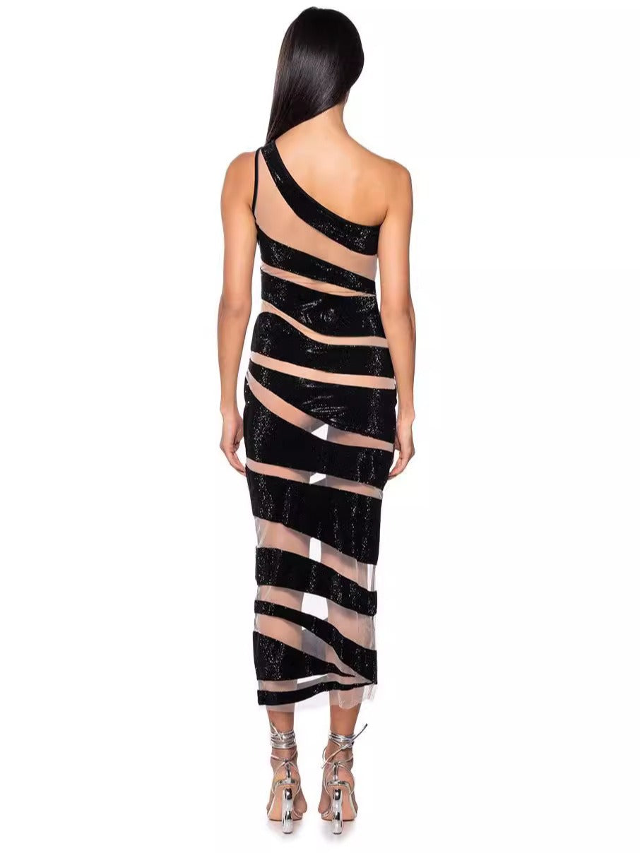 14072451 Single Shoulder Mesh Silver Stripe Sexy Tight Bandage Long Party Dress - jurk.store