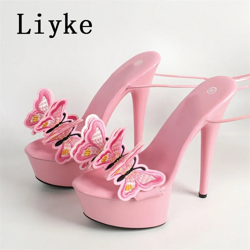 AE072416 Liyke New Pink Yellow Cross Strap Platform Sandals Women Handmade Embroidery Butterfly Open Toe Elegant High Heels Shoes - jurk.store