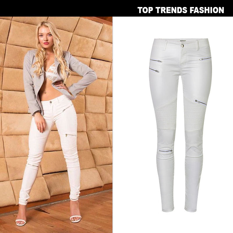 15072416 White Faux Leather Denim Pencil Pants With Multi-Zip Motorcycle Style - jurk.store