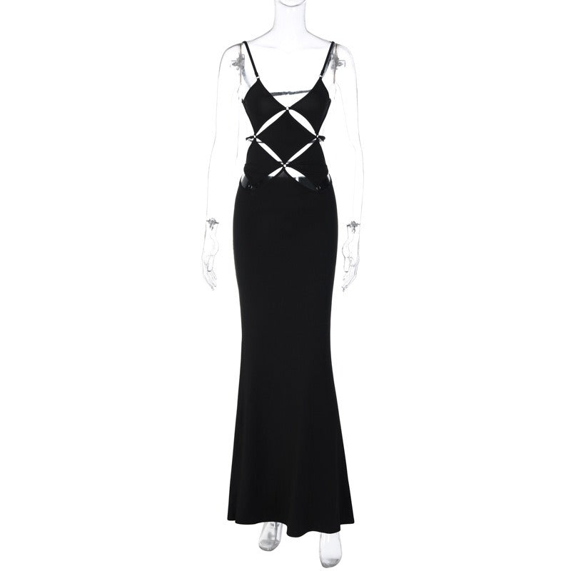 14072479 Fashionable and sexy solid color slim fit backless suspender dress - jurk.store