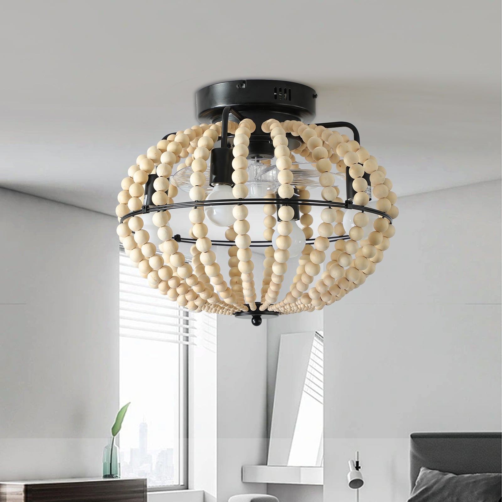 27062451 Fan lamp Wood Beaded Chandelier Oak White - jurk.store