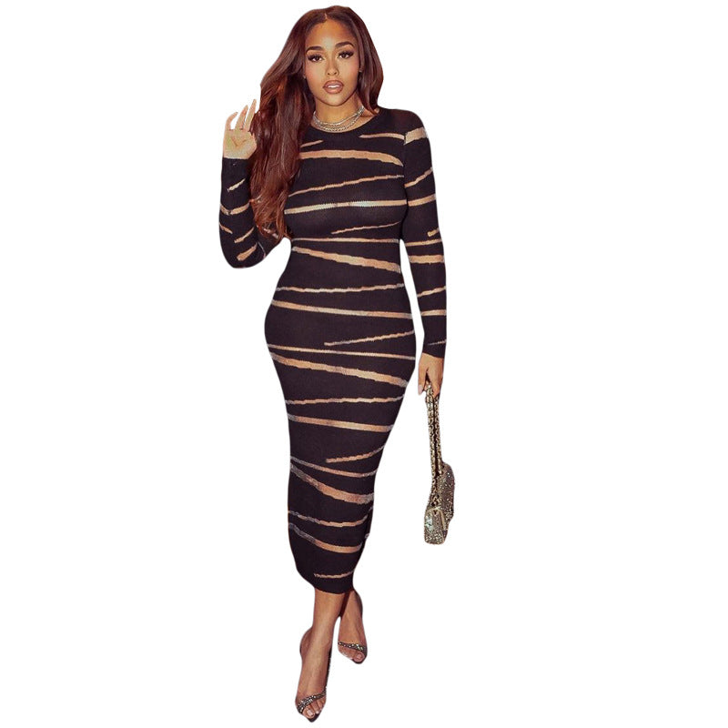 11072483 Knit Patchwork Striped Dress Women Fall Trend Long Sleeve o-Neck Chic Basic Stretch Maxi Bodycon Streetwear Vestidos - jurk.store