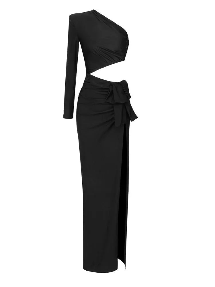 12072465 Black long sleeved hollowed out waist open stretch dress with sloping shoulders - jurk.store