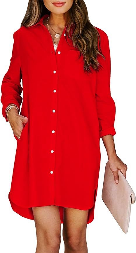 11072453 Women's button up shirt dress with pockets, cotton button up waist tied long sleeved solid color high and low shirt - jurk.store