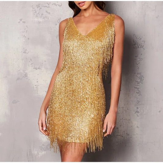 11072446 New Sexy Tassel Sequins Feather Mini Dress Women Spaghetti Strap Stitching Dresses Female Elegant Evening Party Club Dress - jurk.store