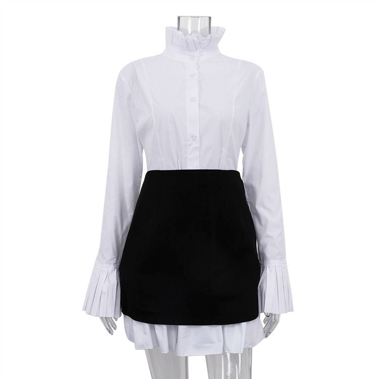 14072440 Elegant retro flared sleeves with pleats and standing collar shirt skirt, slightly transparent short skirt, two-piece dress set - jurk.store