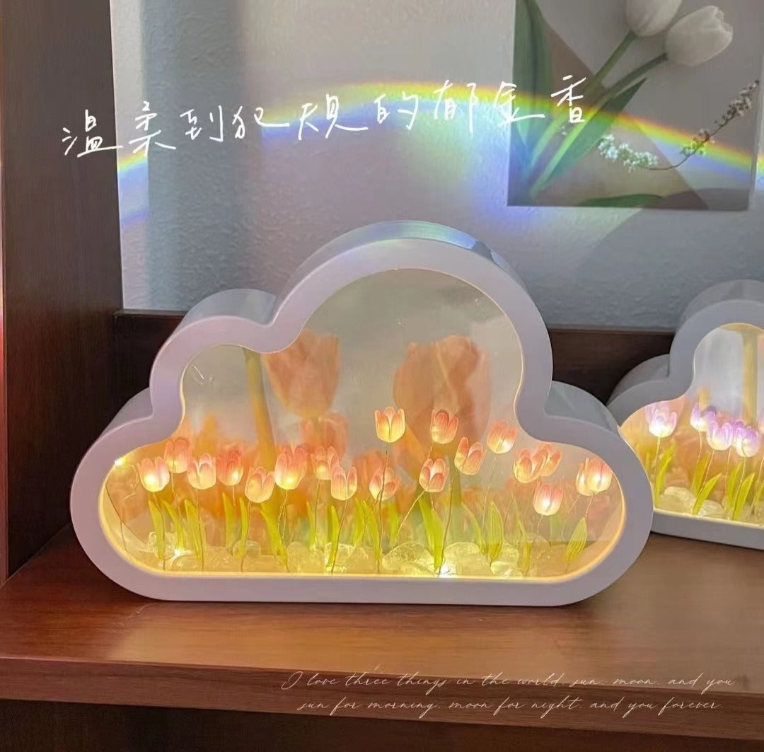 27062455 DIY Cloud Tulip LED Night Light Girl Bedroom Ornaments Creative Photo Frame Mirrored Table Lamps Bedside Handmade Birthday Gifts - jurk.store