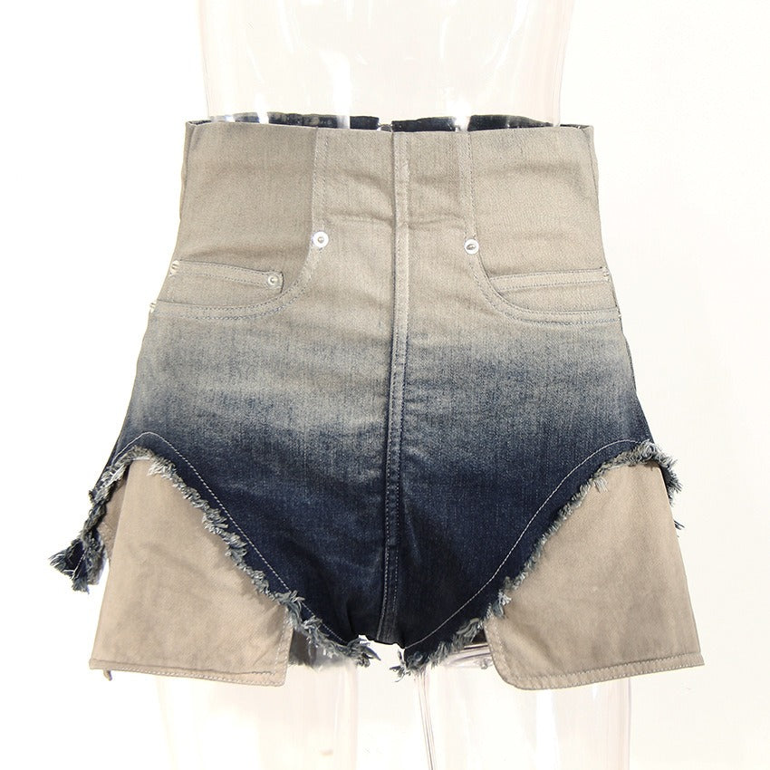 15072423 New Niche Fashion Fishbone High Waisted Gradient Hem Design With Raw Edges, Pocket Leakage, Personalized Denim Shorts - jurk.store