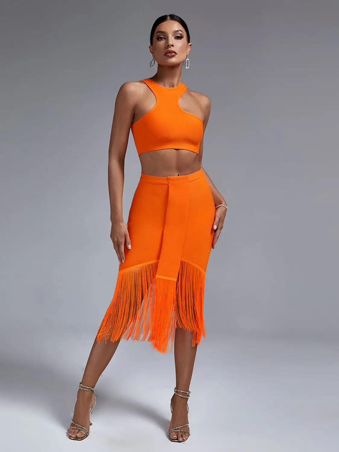 12072452 Bandage Two Piece Set Top and Skirt Women Elegant Sexy Fringed Orange 2 Piece Set Birthday Evening Party Club Outfits Summer - jurk.store