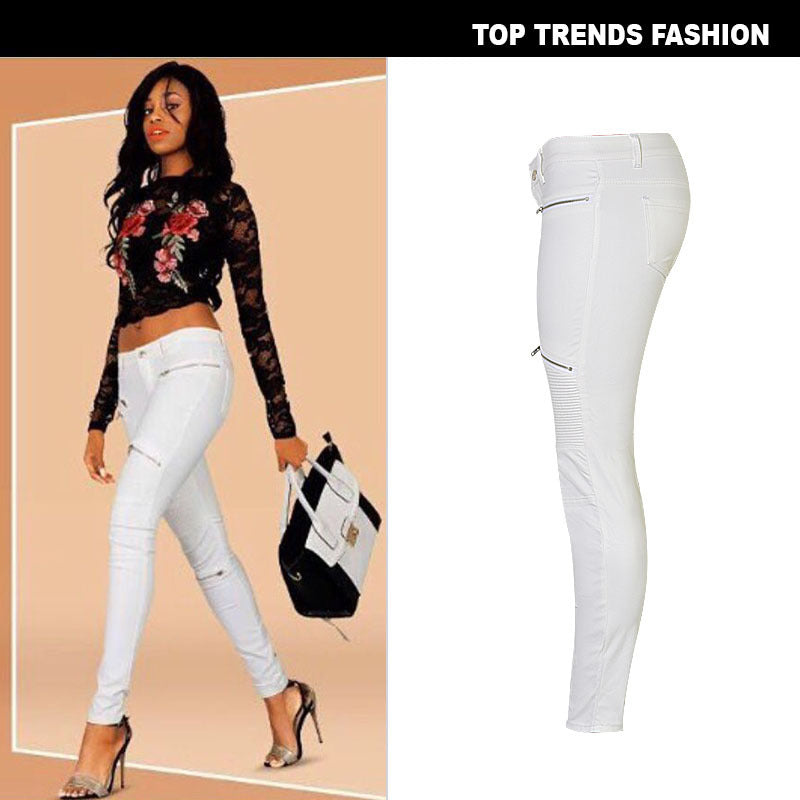 15072416 White Faux Leather Denim Pencil Pants With Multi-Zip Motorcycle Style - jurk.store