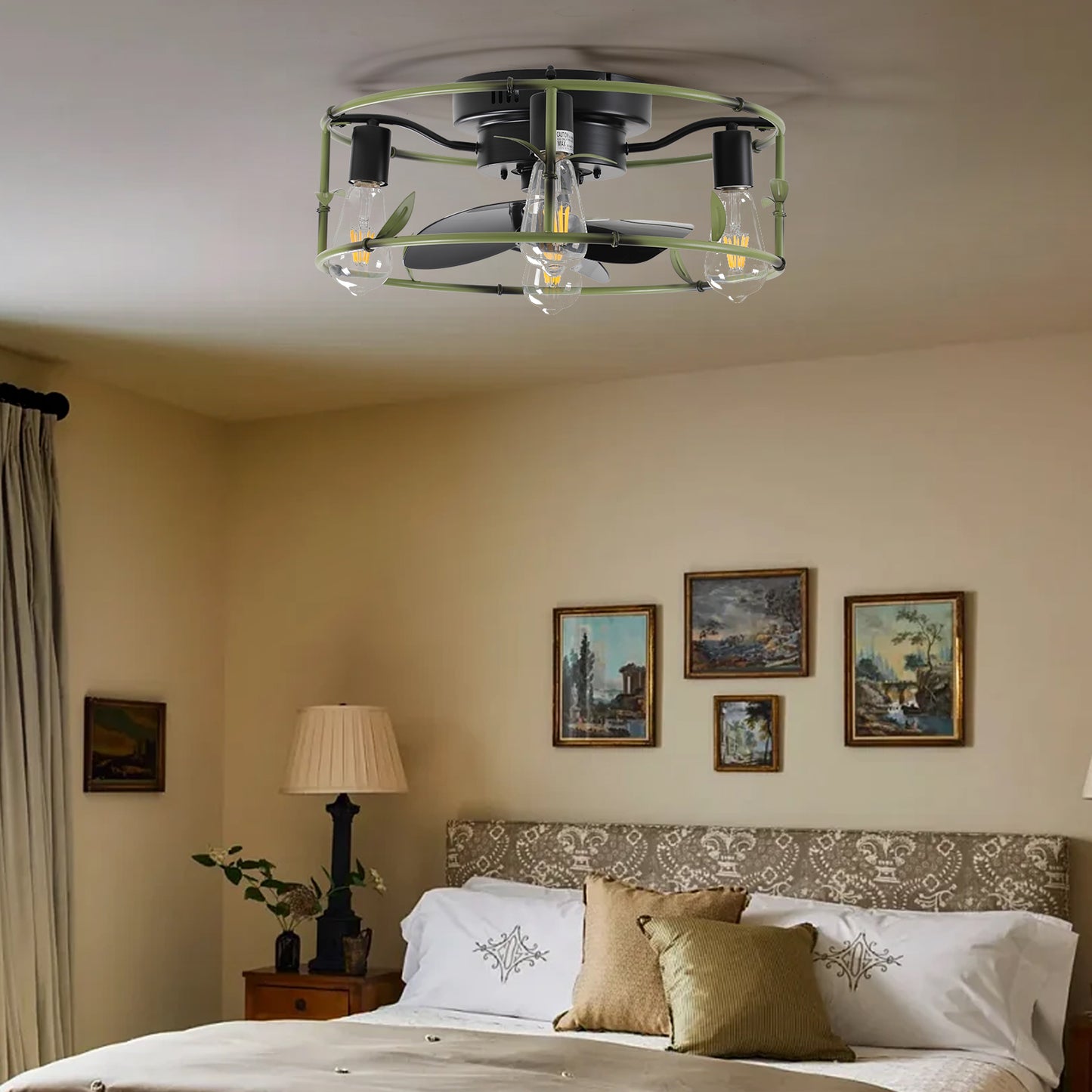 27062463 Flush Mount Ceiling Fans with Lights and Remote Control green Caged Low Profile Ceiling Fan Modern Metal Ceiling fanfor - jurk.store