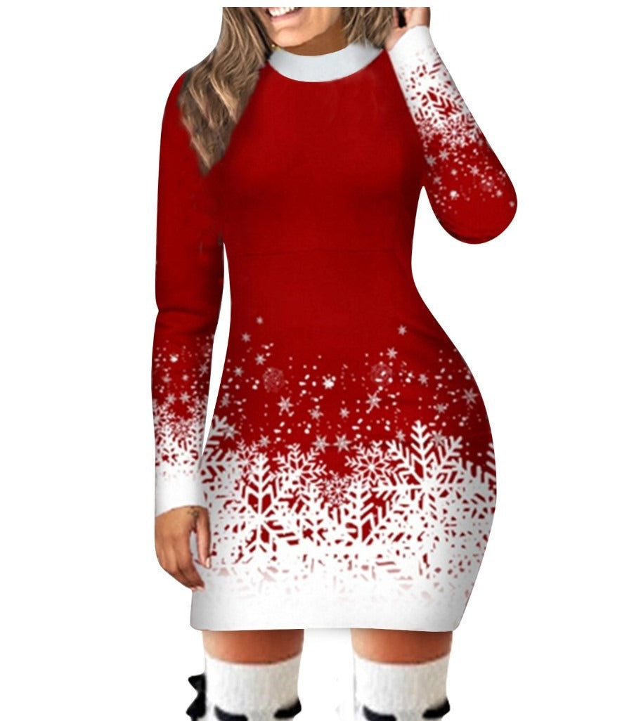 14072411 Women's A-line Christmas print long-sleeved dress - jurk.store