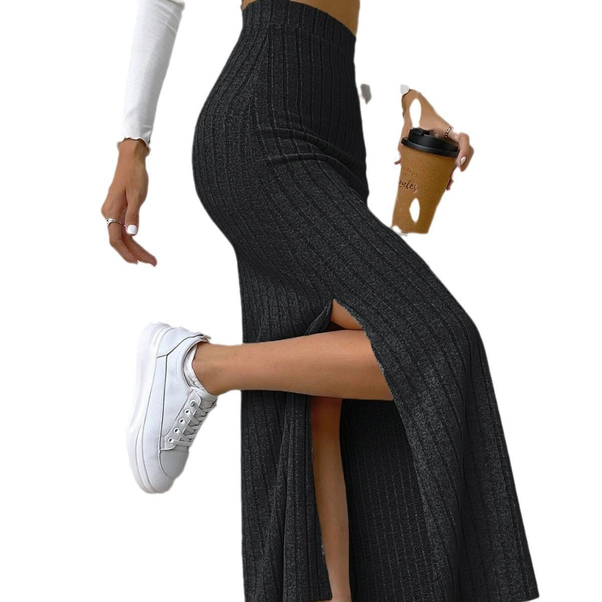 13072476 High waist side slit slim fit knitted skirt women's culottes - jurk.store