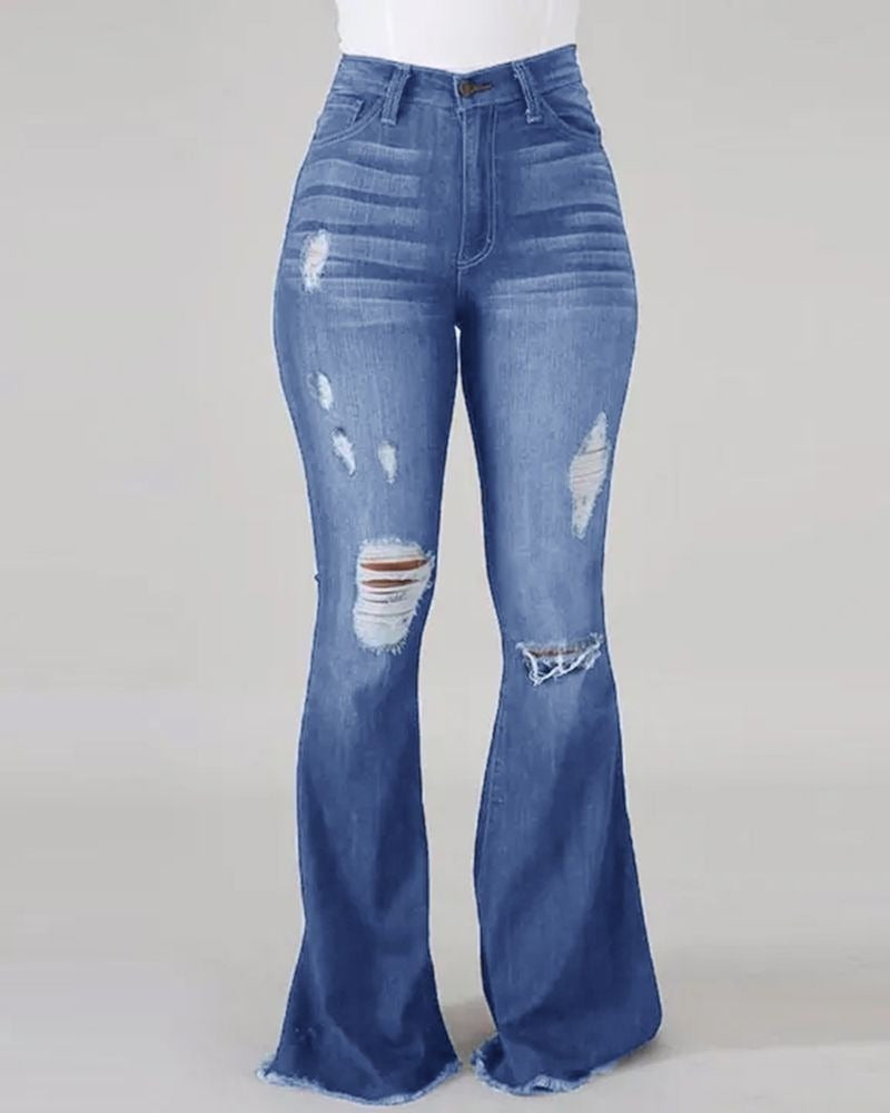 15072425 New High Waist Ripped Flared Jeans For Women Fashion Slim Hip Lift Stretch Denim Pants - jurk.store