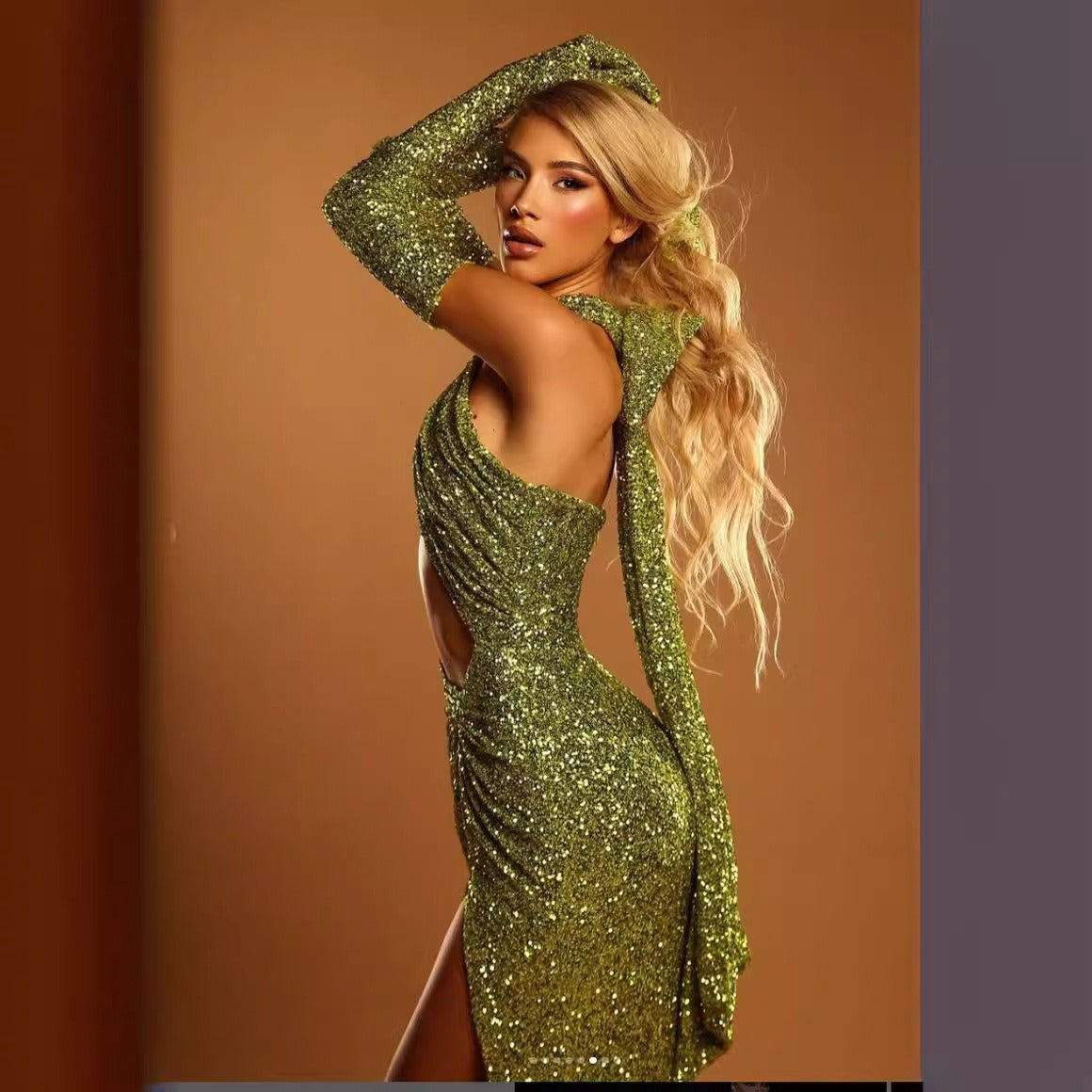 13072436 Elegant backless halterneck sexy sequined green elegant hollow bodycon floor length dress party party dress - jurk.store