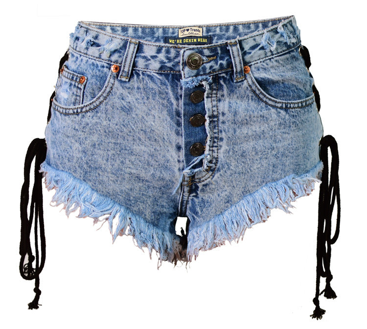 15072431 Women's Summer High Waist Breasted Frayed Double Side Lace Ladies Denim Shorts Hot Pants - jurk.store