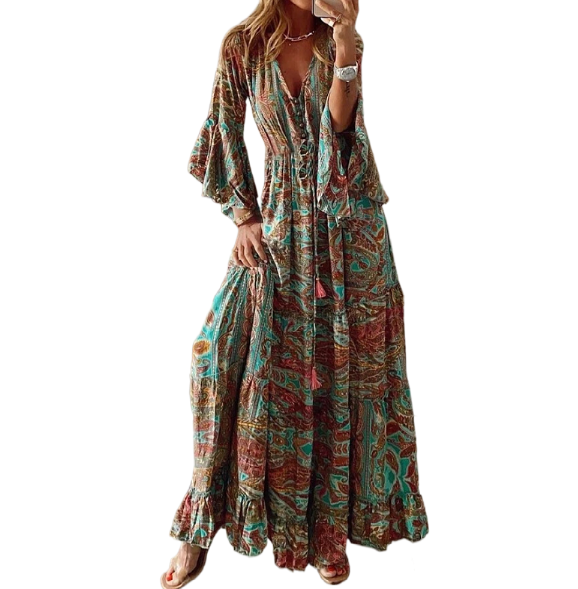 12072412 Bohemian retro printed high waisted holiday floral floral 3/4 sleeve dress for women - jurk.store