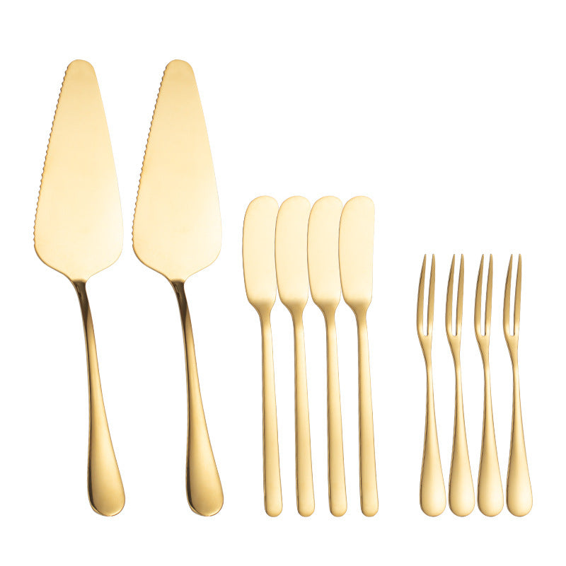 27062469 Gold Stainless Steel Cutting Cake Spatula Dessert Fork Cheese Butter Knife Spatula Birthday Wedding Party Gift Set - jurk.store