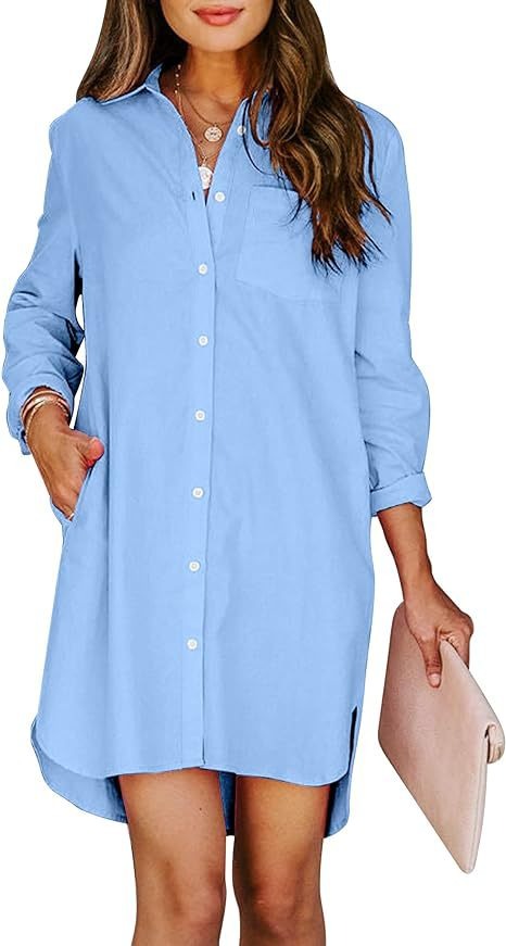 11072453 Women's button up shirt dress with pockets, cotton button up waist tied long sleeved solid color high and low shirt - jurk.store