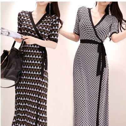 13072427 Japanese and Korean style long skirt, elegant V-neck, slim lace-up waist, fashionable wrap dress - jurk.store