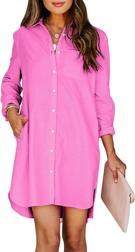 11072453 Women's button up shirt dress with pockets, cotton button up waist tied long sleeved solid color high and low shirt - jurk.store