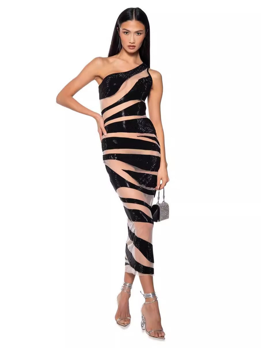 14072451 Single Shoulder Mesh Silver Stripe Sexy Tight Bandage Long Party Dress - jurk.store