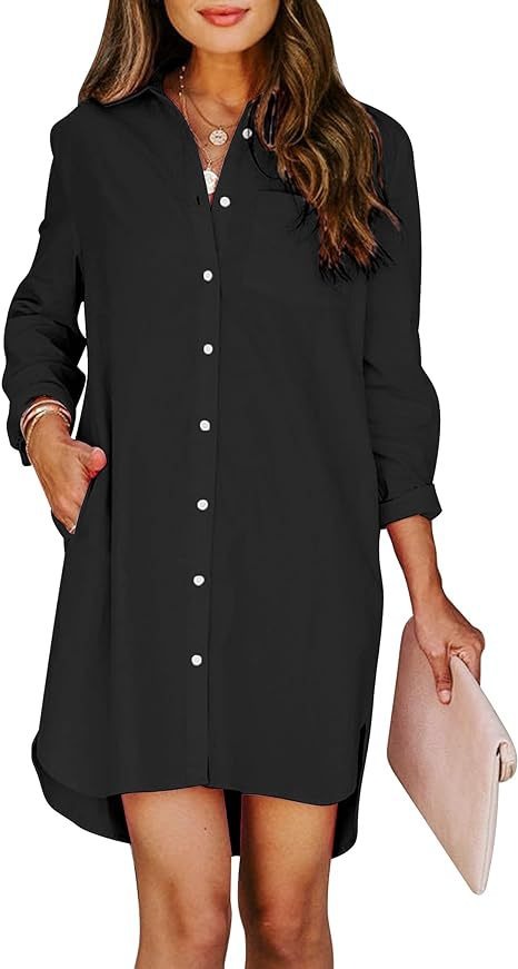 11072453 Women's button up shirt dress with pockets, cotton button up waist tied long sleeved solid color high and low shirt - jurk.store