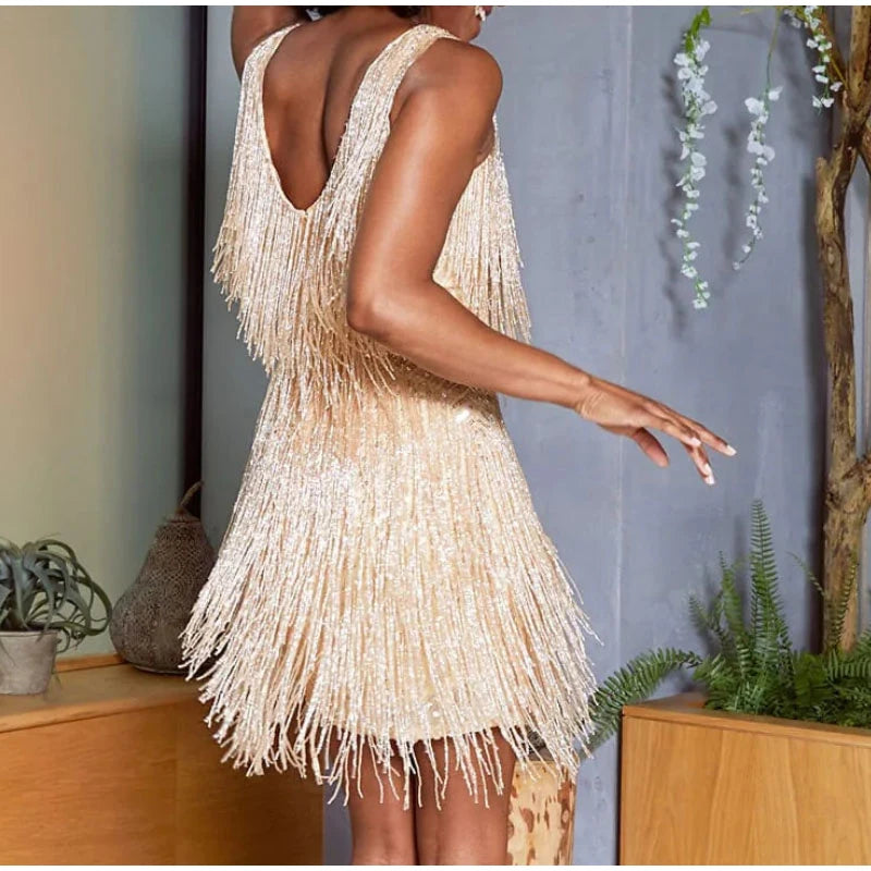 11072446 New Sexy Tassel Sequins Feather Mini Dress Women Spaghetti Strap Stitching Dresses Female Elegant Evening Party Club Dress - jurk.store