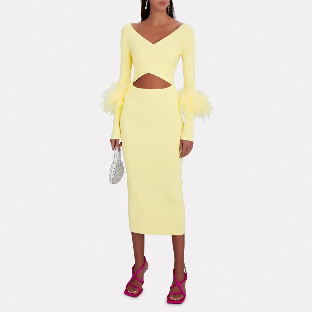 14072468 French yellow long sleeved elastic feather cuffs bandage dress, European and American fashion spring long skirt, feminine temper - jurk.store