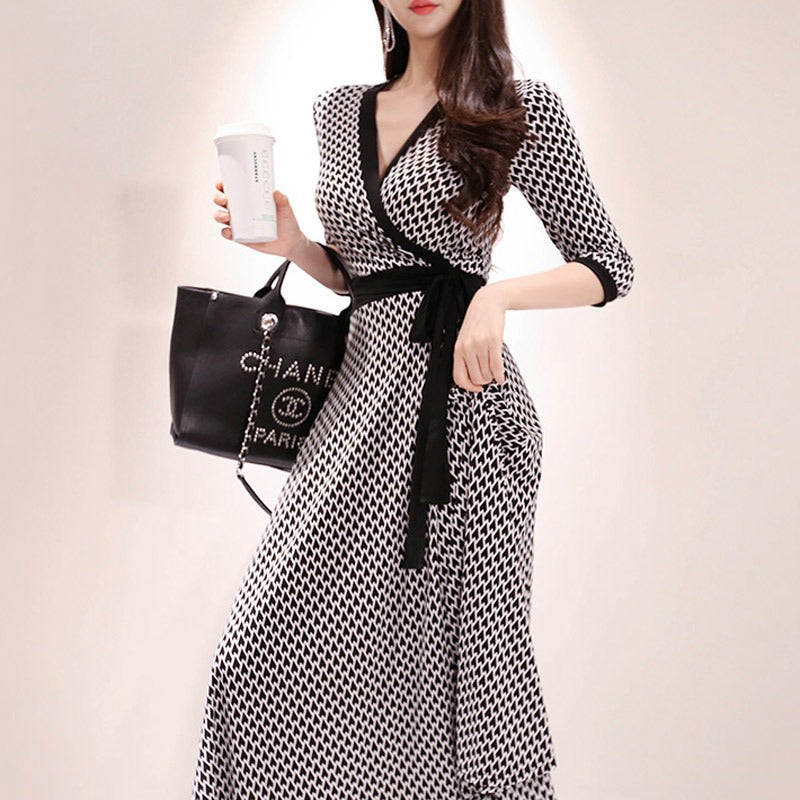 13072427 Japanese and Korean style long skirt, elegant V-neck, slim lace-up waist, fashionable wrap dress - jurk.store