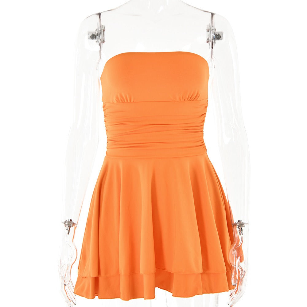 13072413 One line neckline strapless high waisted short skirt - jurk.store