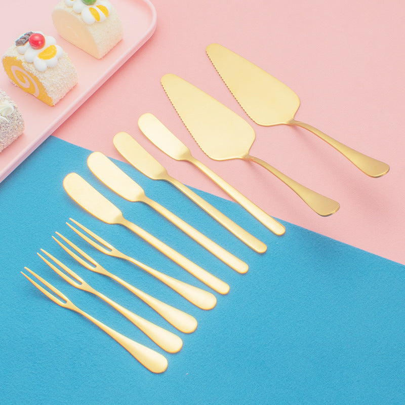 27062469 Gold Stainless Steel Cutting Cake Spatula Dessert Fork Cheese Butter Knife Spatula Birthday Wedding Party Gift Set - jurk.store