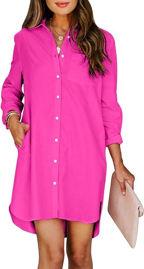 11072453 Women's button up shirt dress with pockets, cotton button up waist tied long sleeved solid color high and low shirt - jurk.store