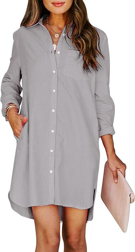 11072453 Women's button up shirt dress with pockets, cotton button up waist tied long sleeved solid color high and low shirt - jurk.store