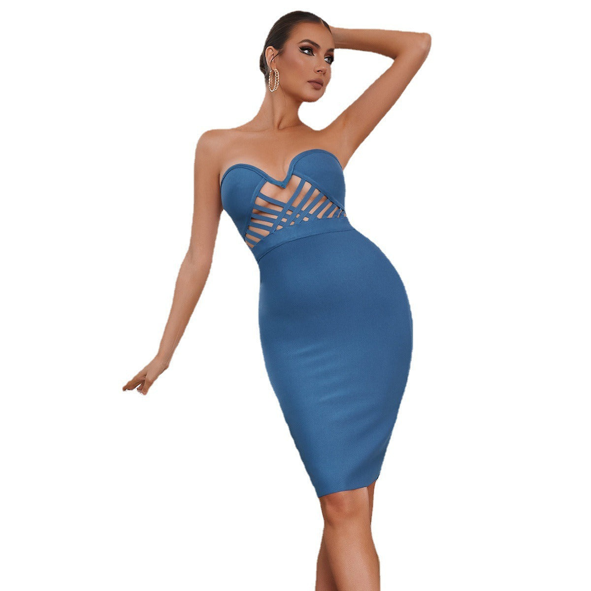 14072430 European and American sexy hollow out strapless blue bandage dress - jurk.store