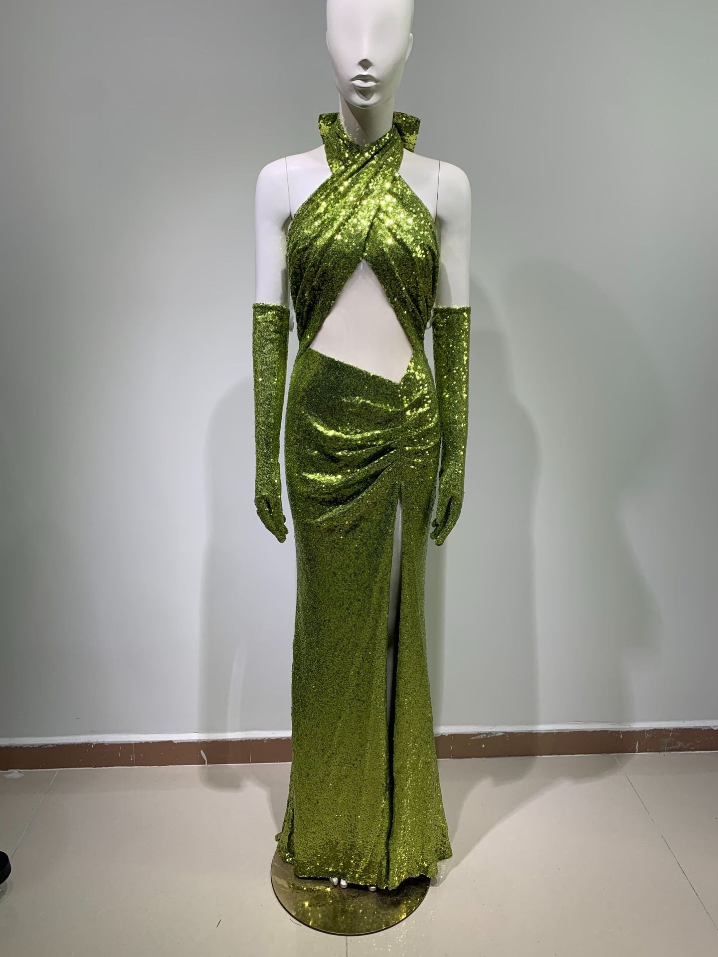 13072436 Elegant backless halterneck sexy sequined green elegant hollow bodycon floor length dress party party dress - jurk.store