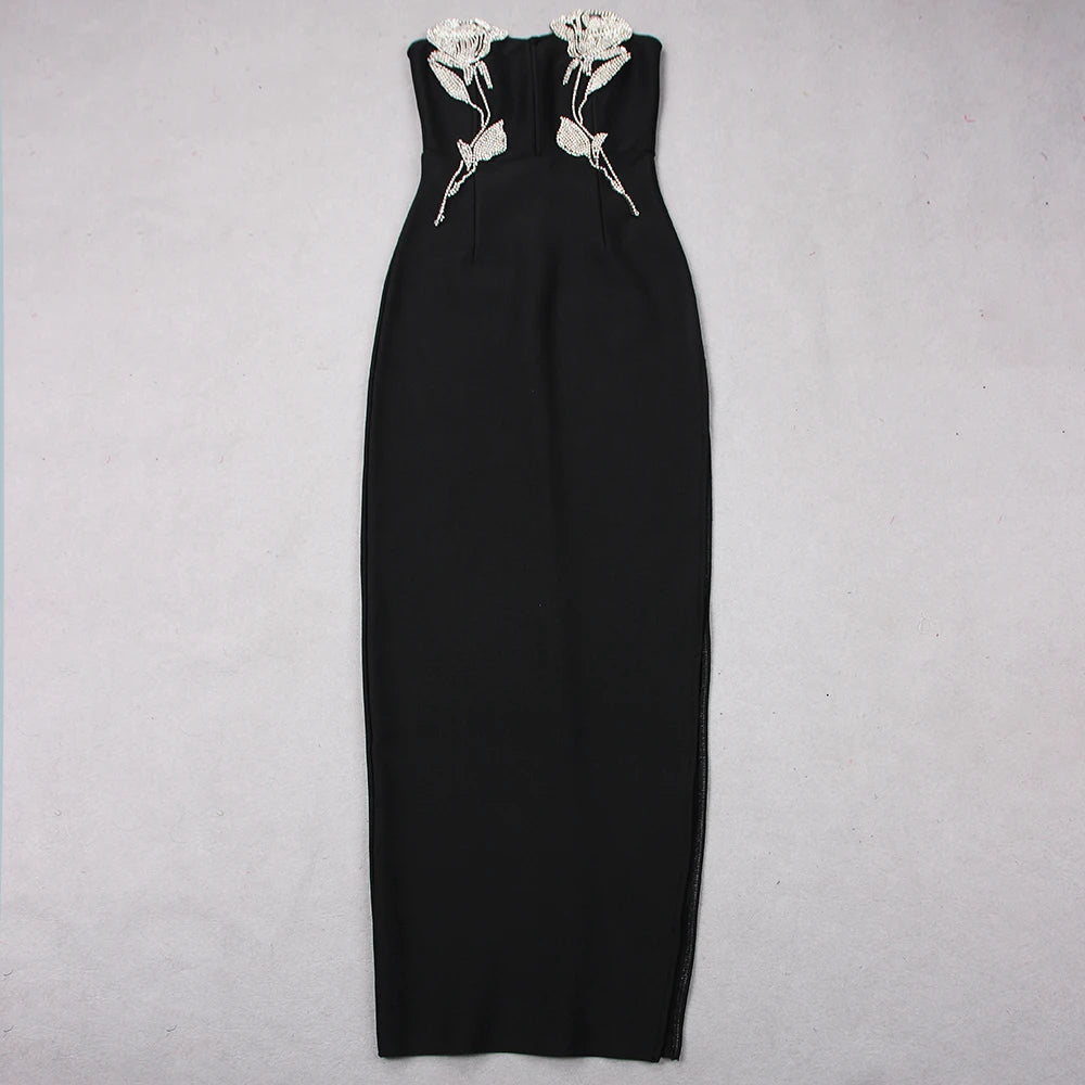 12072419 DEIVE TEGER  Black Rose Embroidered Long Bandage Dress for Girls Elegant Wrap Breast Sexy Party Event - jurk.store