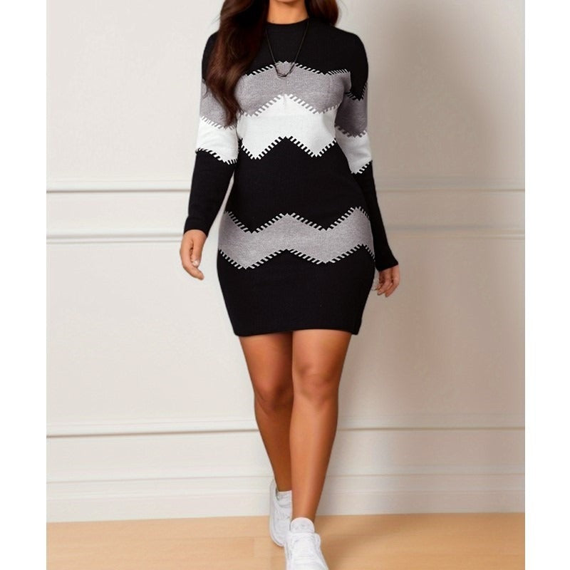 14072462 Mid length short skirt round neck long sleeved printed knitted buttock wrap dress - jurk.store