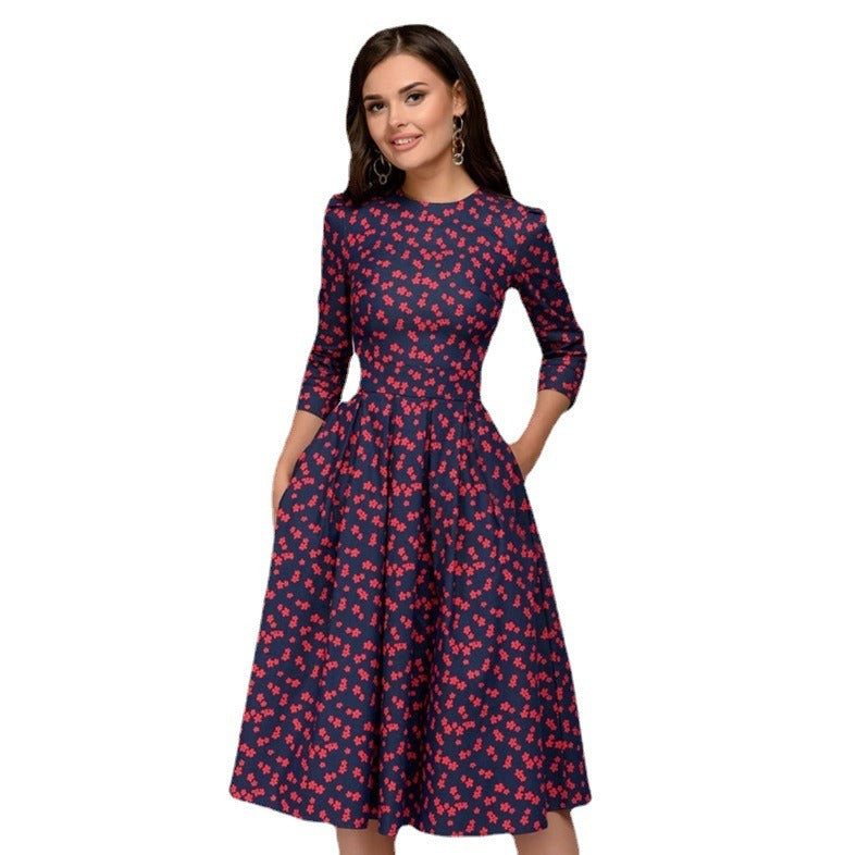 11072431 Retro Small Fragmented Flower 3/4 Sleeve Round Neck Dress - jurk.store