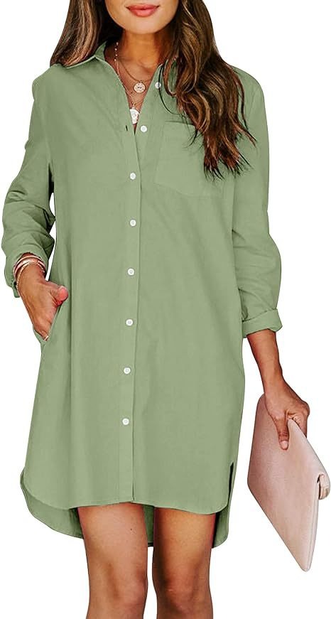 11072453 Women's button up shirt dress with pockets, cotton button up waist tied long sleeved solid color high and low shirt - jurk.store