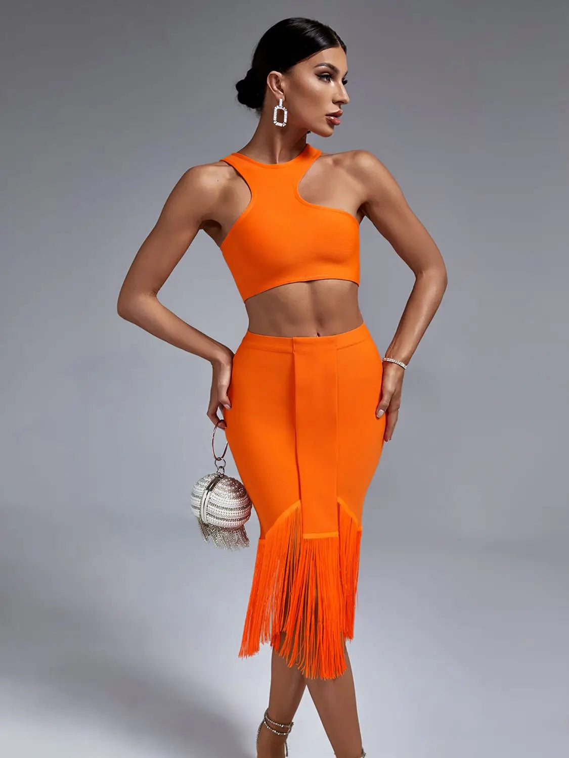 12072452 Bandage Two Piece Set Top and Skirt Women Elegant Sexy Fringed Orange 2 Piece Set Birthday Evening Party Club Outfits Summer - jurk.store