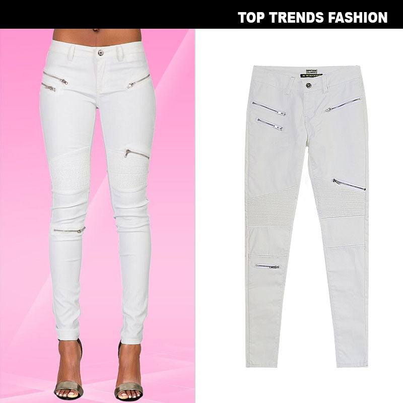 15072416 White Faux Leather Denim Pencil Pants With Multi-Zip Motorcycle Style - jurk.store