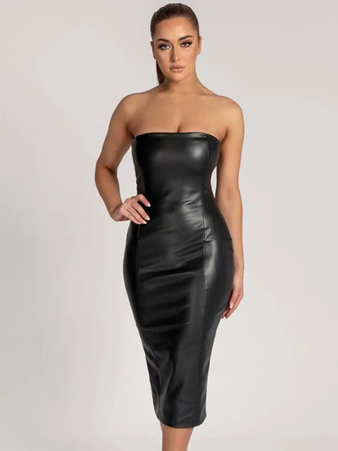 12072471 Pu Faux Leather Women Midi Party Dress Women Backless Sexy Hot Clubwear Skinny Slim Solid Fashion Elegant Bodycon Dresses - jurk.store