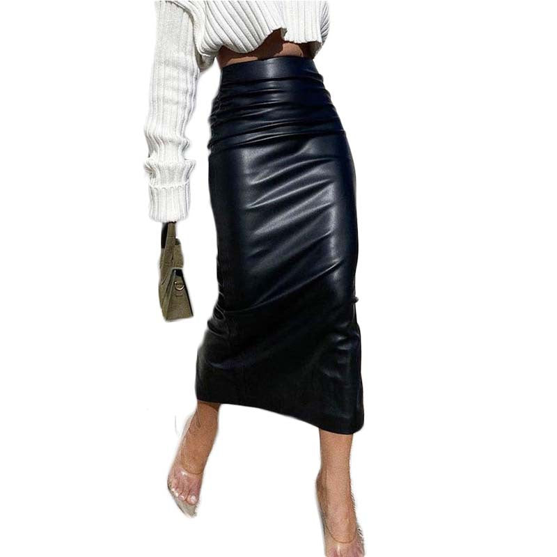 12072488 Artsu  Elegant Fashion Ruched PU Leather Midi Skirts Women Clubwear Party Office Lady High Waist Skirts Bottom Clothes - jurk.store