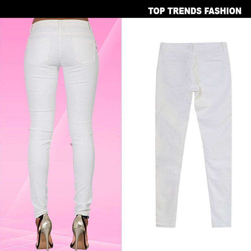 15072416 White Faux Leather Denim Pencil Pants With Multi-Zip Motorcycle Style - jurk.store