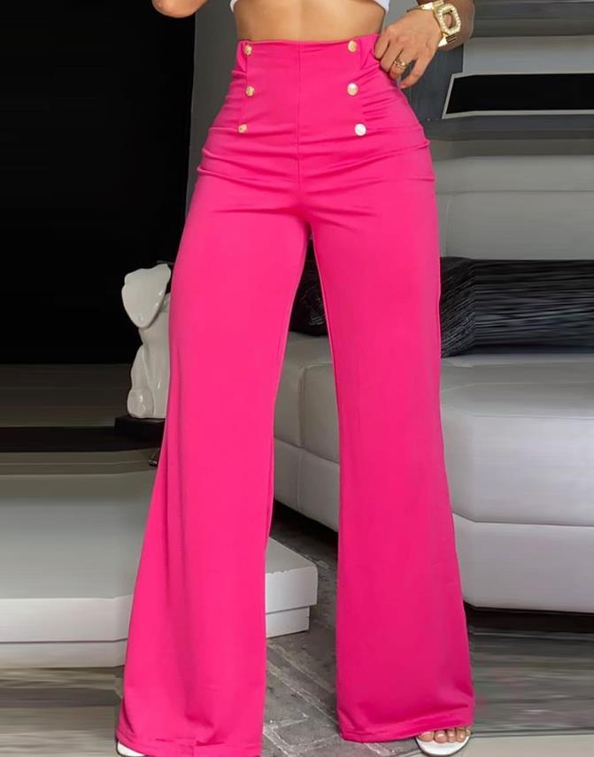 15072424 European and American Women's New Breasted Decorative Wide Leg Pants Rose Red Pants - jurk.store