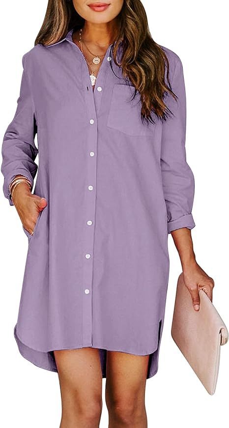 11072453 Women's button up shirt dress with pockets, cotton button up waist tied long sleeved solid color high and low shirt - jurk.store