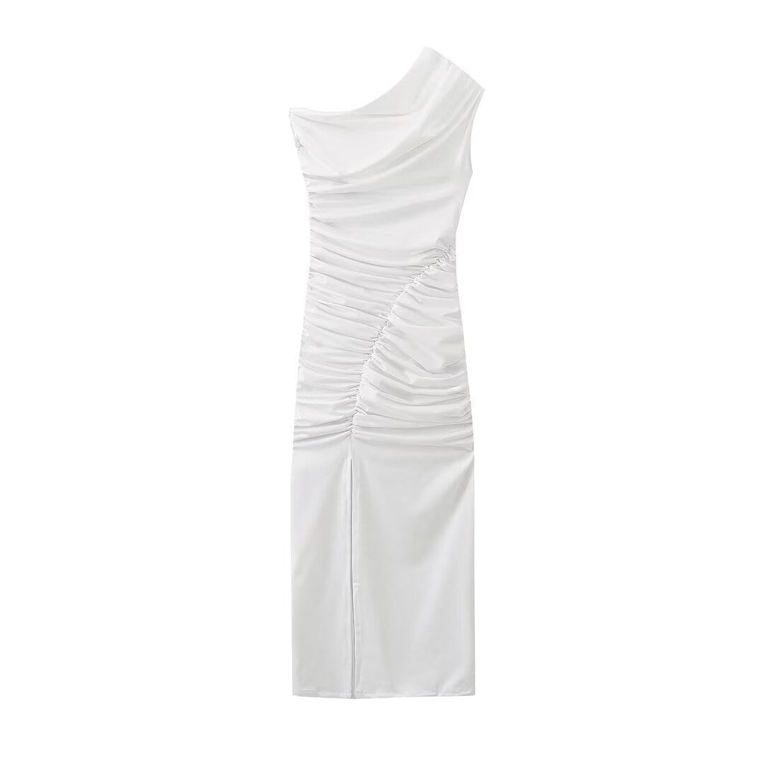 14072438 Sexy women's split temperament pleated decoration elastic asymmetrical sleeveless dress - jurk.store