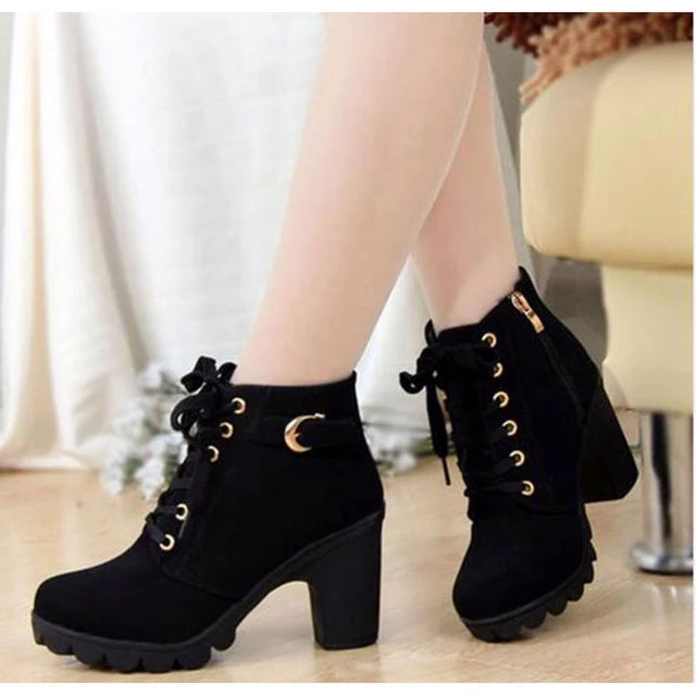 AE072419 New Spring Winter Women Pumps Boots High Quality Lace-up European Ladies Shoes PU High Heels Boots - jurk.store